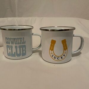 Cowgirl Club and Lucky Horseshoe Metal Mugs - set